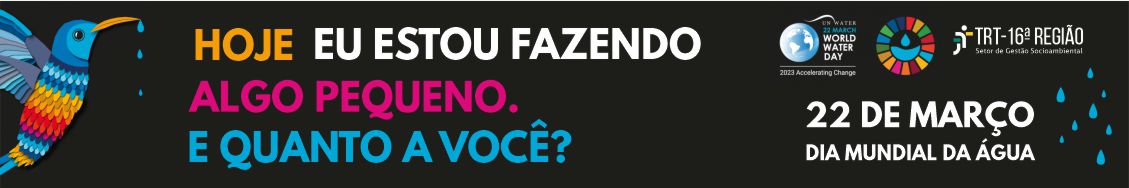Imagem com fundo preto, tendo, à esquerda, ilustração de um beija-flor colorido com gotas de água no bico. Ao centro, há um texto colorido com o tema da campanha. à direita, logomarcas do Dia Mundial da Água, dos ODTs da ONU e do TRT-MA.