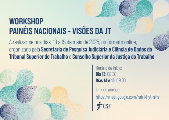 Imagem com fundo bege e elementos em verde, azul e amarelo. Texto azul distribuído na extensão da imagem informa sobre o evento.
