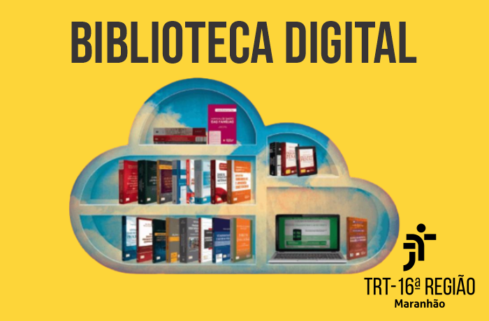 Livros e notebook organizados em prateleiras no formato de nuvem sobre fundo amarelo. No topo, texto BIBLIOTECA DIGITAL em letras maiúsculas na cor preta. 