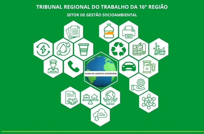 Arte com fundo verde destaque para a informação: TRT-16 - Setor de Gestão Socioambiental. NO centro um mosaico com vários icones referentes ao Plano de Logistica Sustentável.