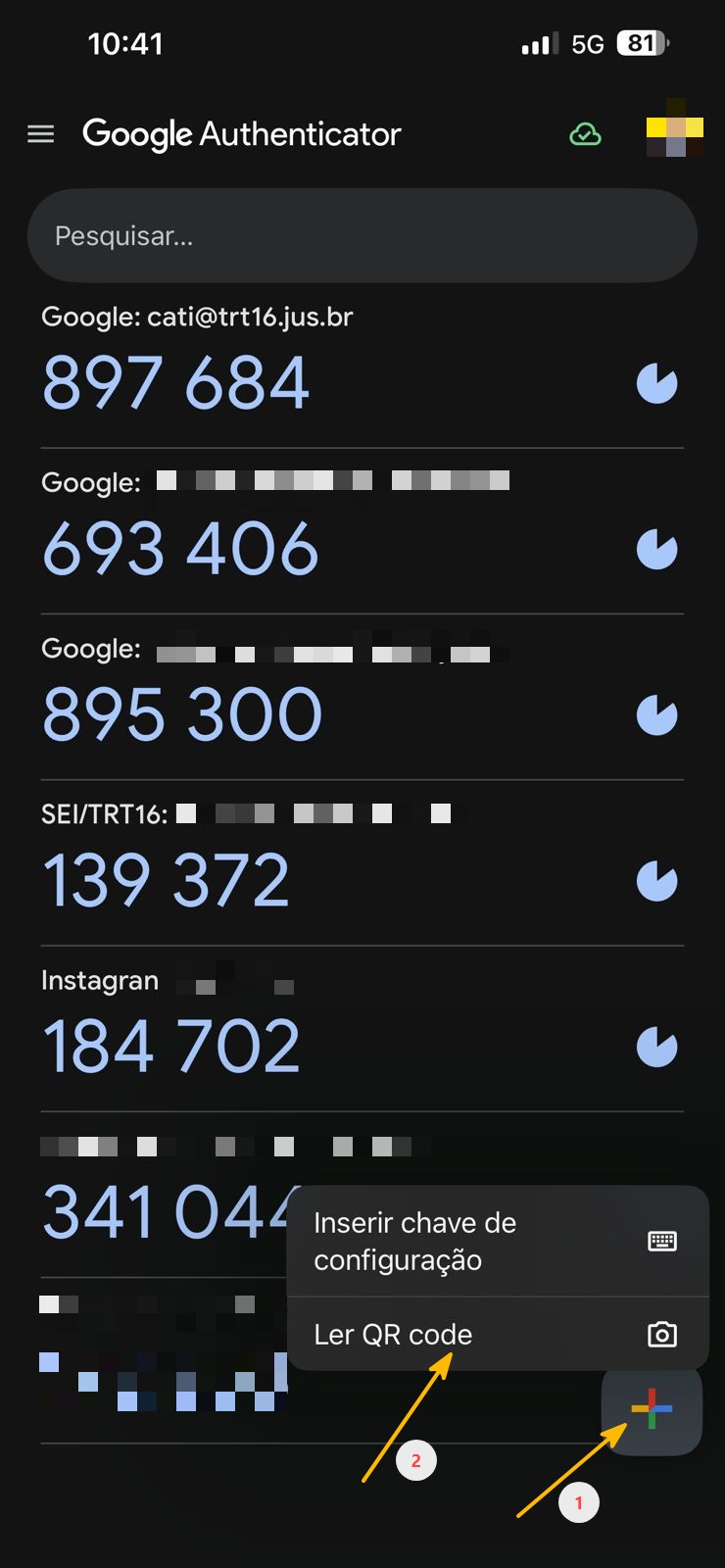 Tela do Google Authenticator no celular para ler o QR Code