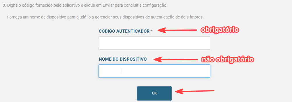Tela para inserir o código do aplicativo autenticador