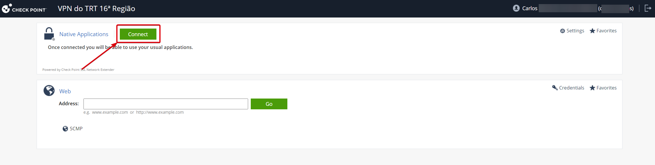 Tela de conexão VPN TRT 16