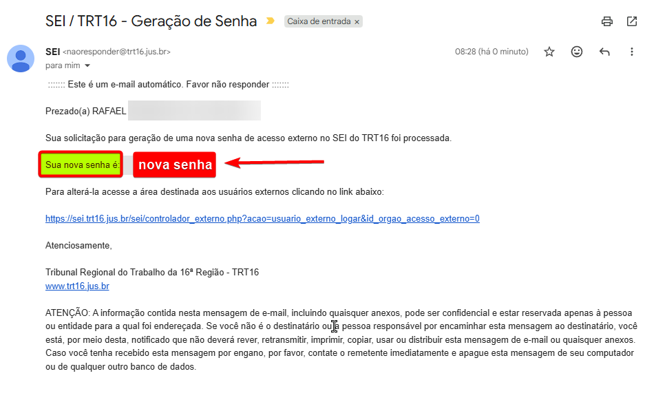 Email com nova senha do SEI