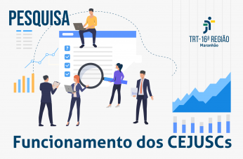 Imagem de fundo cinza claro com ilustrações de pessoas e ícones de pesquisa. No canto superior esquerdo, a palavra PESQUISA em azul escuro. No canto superior direito, a logomarca do TRT-16. Na base, o texto azul escuro FUNCIONAMENTO DOS CEJUSCS.