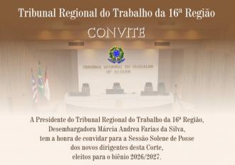 Imagem de fundo marrom e branco em degradê. Textos brancos e marrons informam sobre posse dos novos dirigentes do TRT-16.