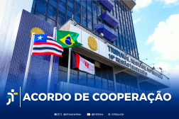 Arte feita com a foto da fachada do prédio-sede e a informação: ACORDO DE COOPERAÇÃO