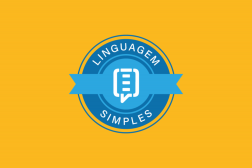 Arte feita com fundo amarelo. Ao centro um selo azul, com a mensagem linguagem simples.