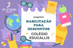 Imagem de fundo lilás com ilustrações de elementos escolares nas bordas. Ao centro, imagem de folha de papel, onde se lê o nome do programa e do Colégio Educallis.