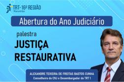 Imagem com fundo azul claro. No topo, logomarca do TRT-16. Ao centro, texto preto com o nome da palestra. Acima dele, tarjas azuis escuras com textos brancos. À direita, foto de um homem claro, usando terno escuro, camisa branca e gravata vermelha listrada.