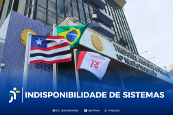 Foto da fachada do TRT-16. Na base, tarja azul em degradê com o texto branco INDISPONIBILIDADE DE SISTEMAS.