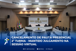Foto mostra o pleno do TRT-16. Na parte inferior a informação: CANCELAMENTO DE PAUTA PRESENCIAL 2ª TURMA - MANTIDO JULGAMENTO SESSÃO VIRTUAL