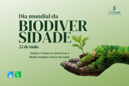 Arte feita em fundo verde. Ao centro o destaque: Dia Mundial da Biodiversidade 22 de maio. No canto superior direito a logomarca do TRT-16