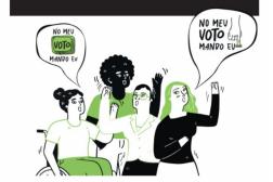 Arte feita com fundo branco e uma figura (desenho) de quatro pessoas conversando. E no balão de diálogo a informação: No meu voto mando Eu.
