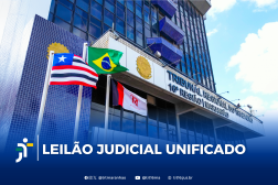 Arte feita com a foto da fachada do prédio sede do TRT-16 e a informação: Leilão Judicial Unificado