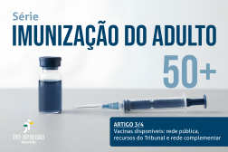 Imagem de frasco de vacina e seringa sobre fundo neutro em azul e cinza, e textos relacionados ao tema.