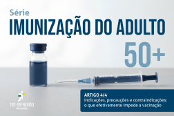 Imagem de frasco de vacina e seringa sobre fundo neutro em azul e cinza, e textos relacionados ao tema.