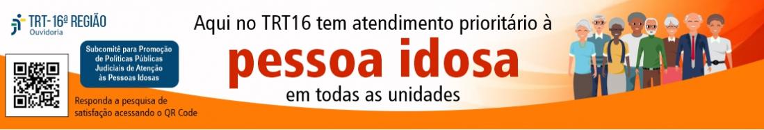 Arte com fundo branco e tarja laranja na base. Acima da tarja, veem-se ilustração de pessoas idosas, à direita; o QR Code da pesquisa e as logomarcas do TRT-16 e do Subcomitê, à esquerda; e texto preto sobre o tema, ao centro.