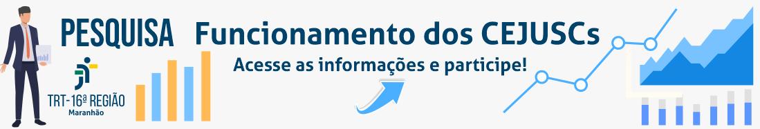 Imagem de fundo cinza claro. À esquerda e à direita, ilustrações de homem de terno e ícones de pesquisa. À esquerda, também a logomarca do TRT-16. Ao centro, texto azul escuro sobre o tema da pesquisa.