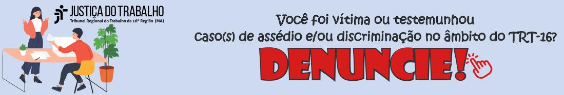 Imagem de fundo azul claro, tendo à esquerda ilustração de uma mulher em pé em conversação com um homem sentado à uma mesa, usando um notebook branco. No centro, texto preto com chamada para denúncia em vermelho.