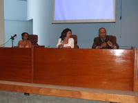 A Chefe do Serviço de Planejamento do TRT, Gisélia Castro (ao centro), apresentou os palestrantes