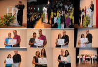 Des. James Magno na abertura da culminância; juiz Carlos Eduardo lança o TRT na Escola 2013; e magistrados e procuradora do trabalho entregam placas