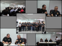 Desembargador James Magno encerrou o curso; agentes posam com o desembargador James e com o instrutor