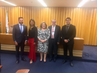 Juiz Eduardo Moreira, Presidente do COJE, Desa. Márcia Andrea Farias da Silva, Ouvidora do TRT da 16ª Região, Desa. Ilka Esdra Silva Araújo, Ouvidora Substituta do TRT da 16ª Região, Des. Ricardo Tadeu Bugarin Duailibe, Ouvidor do TJ-MA e Corregedor do TRE-MA e o Dr. Marcos Antônio Canário Caminha, Ouvidor-Geral do Estado do Maranhão