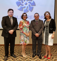 Da esquerda para a direita: desembargadores Wolney Cordeiro (TRT13-PB), Beatriz Theodoro (TRT23-MT), James Magno (presidente do COLEPRECOR) e Lourdes Leiria (TRT12-SC).