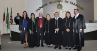 Procuradora Virgínia; desembargadores Márcia Andrea, Américo Bedê e Ilka Esdra; presidente JamesMagno; desembargadores Solange Castro e Gerson de Oliveira