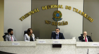 Luciano Aragão (procurador do Ministério Público do Trabalho no Maranhão-MPT/MA), desembargadora Solange Castro Cordeiro (presidenta do TRT-MA), ministro Lelio Bentes (corregedor-geral da JT) e Rogério Ribeiro (diretor de Secretaria da Corregedoria-Geral).