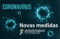 Texto CORONAVÍRUS - NOVAS MEDIDAS JUSTIÇA DO TRABALHO NO MARANHÃO em fundo escuro com imagens do vírus.