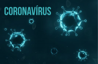 Imagem em fundo preto com símbolos em verde remetendo ao Coronavírus