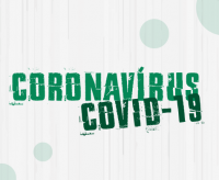 Texto Coronavírus Covid-19 em tons de verde sobre fundo claro.