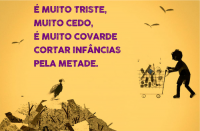 Texto roxo sobre fundo amarelo com ilustração de criança em lixão em preto.