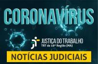 Imagem com fundo preto e letra azul com titulo Coronavirus e faixa amarela com texto Notícias Judiciais