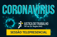 Imagem com fundo preto e letra azul com titulo Coronavirus e faixa amarela com texto Sessão Telepresencial