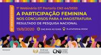 Imagem com mulheres ao fundo e título do seminário “A Participação Feminina nos Concursos para a Magistratura”