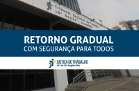 Imagem com fachada do TRT ao fundo e faixa azul com letras brancas ao centro com a frase Retorno Gradual com Segurança para Todosre