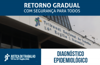 Imagem com fachada do TRT ao fundo e faixa azul com letras brancas escrito Retorno Gradual com Segurança para Todos - Diagnóstico Epidemiológico