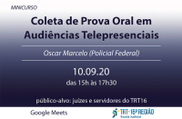 Imagem em fundo azul com informações sobre o minicurso da EJUD16 "Coleta de Prova Oral em Audiências Telepresenciais"