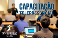 Imagem com instrutor e vários alunos com os dizeres Capacitação Telepresencial