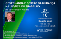 Imagem com fundo azul e verde, com informações sobre o curso "Governança e gestão da mudança na Justiça do Trabalho"