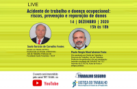 Imagem com fundo amarelo com informações sobre a live “Acidente de trabalho e doença ocupacional: riscos, prevenção e reparação de danos”.