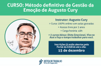 Imagem com fundo claro, com foto de Augusto Cury e duas faixas (verde e azul) com informações do curso "Método definitivo de Gestão da Emoção"