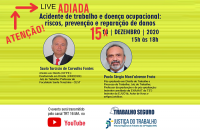 Imagem com fundo amarelo com informações sobre a live “Acidente de trabalho e doença ocupacional: riscos, prevenção e reparação de danos”.