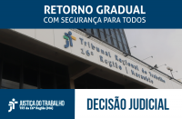 Imagem com a fachada do TRT ao fundo e faixa azul com letras brancas escrito Retorno Gradual com Segurança para Todos - DECISÃO JUDICIAL