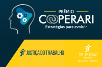 Logo do Prêmio: Uma cabeça de perfil com engrenagens e um espectro. Prêmio Cooperari - Estratégias para Evoluir, em fundo azul escuro. Abaixo, faixa amarela com os logos da Justiça do Trabalho e do TRT16, e inscrição "apoia esta iniciativa".