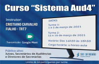 Imagem com fundo azul e branco, com informações sobre o curso "Sistema Aud4", promovido pela Ejud