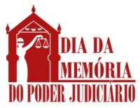Imagem em fundo branco com letras vermelhas escrito Dia da Memória do Poder Judiciário com deus Themis à direita